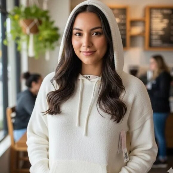 NWT SO Eyelash Plush Yarn Hoodie XL Cream Beige Ivory L - Picture 1 of 4